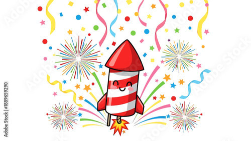 Cartoon rocket ship with smiling face launches amidst colorful fireworks and confetti explosion