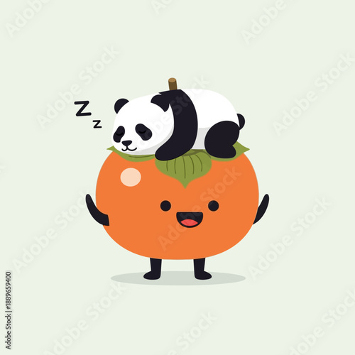 Cute Panda Sleeping on Cartoon Persimmon Fruit with Happy Face