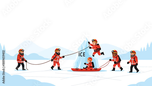 Rescue team in orange suits pulling ropes to save ice block on snowy landscape with frozen trees