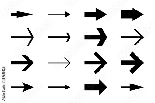 Diverse collection of black arrow icons and symbols pointing to the right on a plain white background