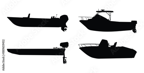 Motor Boat Silhouette Set in Various Side Views Isolated on White Background for Marine and Transportation Design Vector Illustration