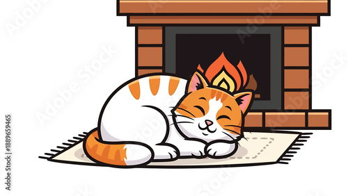 Sleeping orange and white cat curled up by warm fireplace on rug