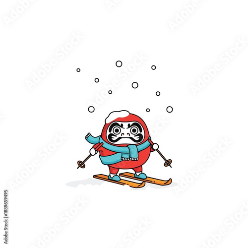 Cute Daruma doll skiing in snow, traditional Japanese toy winter sport