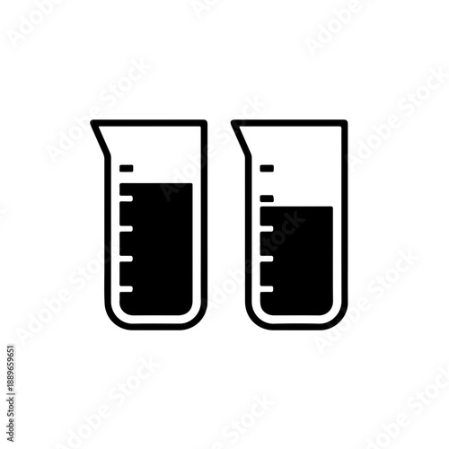 black and white icon set featuring two beakers with different liquid levels. Ideal for representing comparative analysis, volume measurement, and progress tracking in a lab