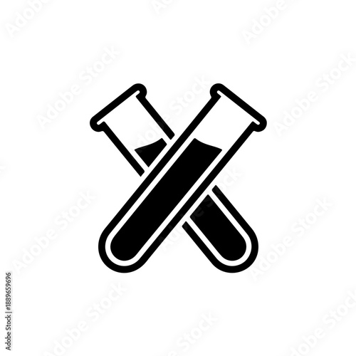 black and white icon featuring two crossed test tubes. A classic symbol of scientific research, chemistry, and laboratory expertise designed in a minimalist emblem style