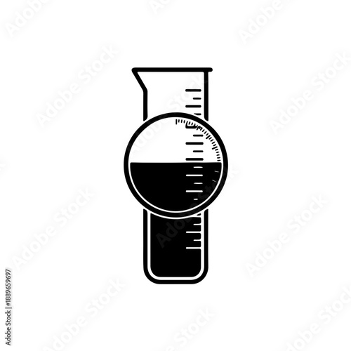 black and white icon focusing on the graduated scale of a measuring cylinder. This design highlights precision measurement, calibration, and scientific data accuracy