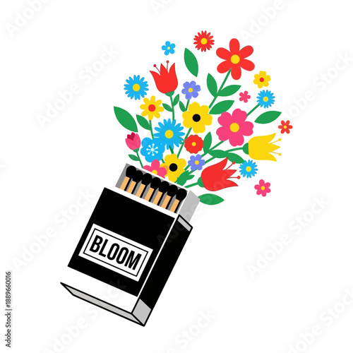 Matchbox blooming with colorful flowers, concept of new beginnings and creativity.
