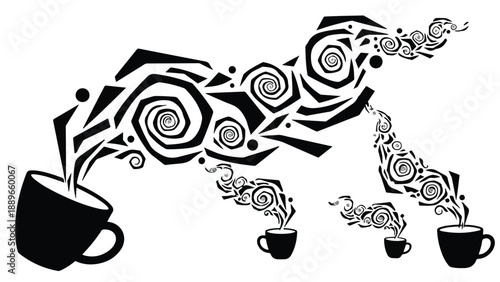 Abstract art depicts a cascade of swirling energy and shapes emerging from a coffee cup.