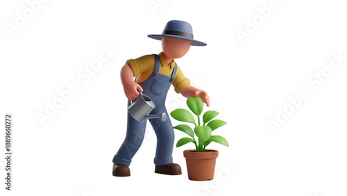 Farmer Caring for Potted Plant Against Transparent Background