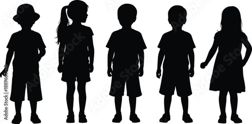 Children silhouette lineup, black illustration, standing pose, hairstyle variety, youth profile, minimalist design, childhood theme, posture detail, visual diversity, side by side, kid contour,