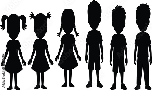 Children silhouette illustration, hairstyle comparison, black and white design, visual identity, gender diversity, standing kids, clothing variation, educational icon, minimal style, youth figures