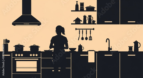 Silhouette of a woman cooking in a modern kitchen.