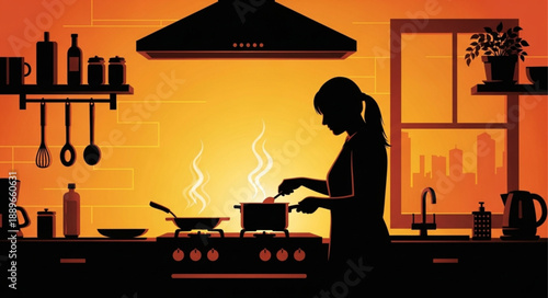 Silhouette of a woman cooking in a kitchen with steam rising from pots.