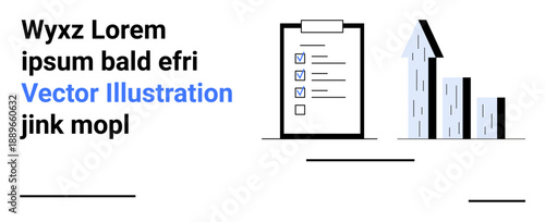 Business planning, data analysis, productivity, strategy presentation, workflow management, success tracking. A checklist next to rising bar charts. Business planning and data analysis concept