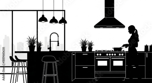 Silhouette of a woman cooking in a modern kitchen.