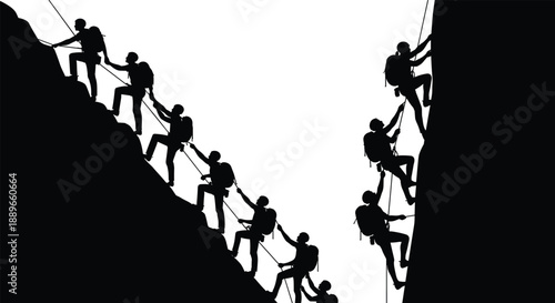 Climbers silhouette, teamwork on cliff, rope ascent, outdoor adventure, black illustration, vertical challenge, group effort, mountain climbing, extreme sport, rugged terrain, helping hands