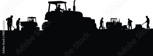 Construction silhouettes, workers and machinery, bulldozer, loader, teamwork, industrial labor, black vector illustration, infrastructure site, compactors, equipment operation