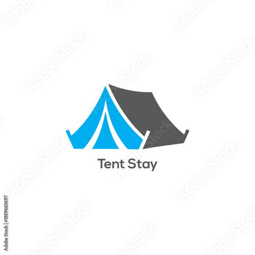 Minimalist blue and gray tent stay logo icon for outdoor camping adventure, nature travel accommodation, and wilderness hiking branding.
