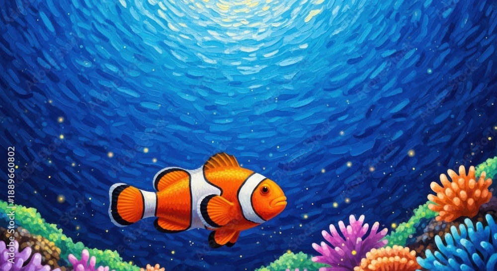 Fototapeta premium Vibrant clownfish swimming in colorful coral reef underwater scene