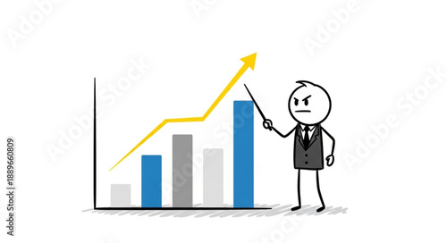 Stick Figure Business Man Points To Upward Trend Graph.