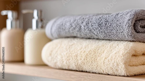A rolled gray towel rests on a folded cream towel on a wooden shelf, the camera slowly slides left as soap dispensers drift into softer blur, leaving clean copy space for wellness branding, sleek.