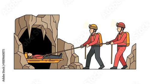 Rescue team in orange suits pulling stretcher with injured person out of dark cave entrance