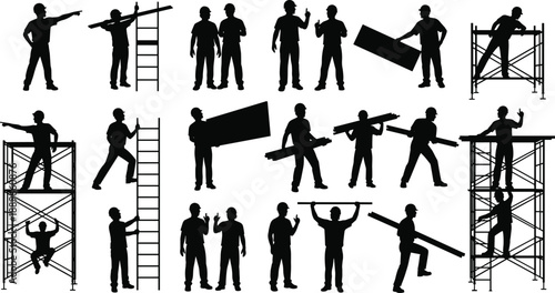 Construction workers silhouettes, teamwork on site, scaffolding activity, industrial labor, safety gear, manual tasks, building  site operations