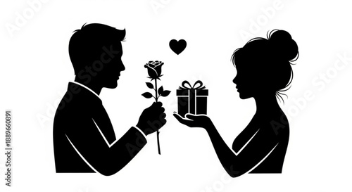 Man and woman exchanging gifts and flowers in a romantic gesture