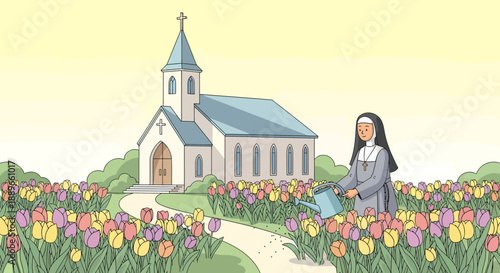 Woman standing in flower garden.