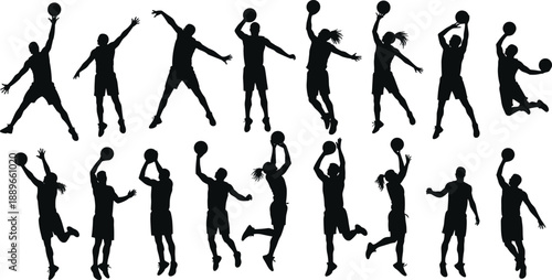 Dynamic basketball player silhouettes performing various actions including dribbling, shooting, dunking, and jumping, ideal for sports and athletic designs