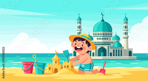 Young boy building sandcastle on beach.