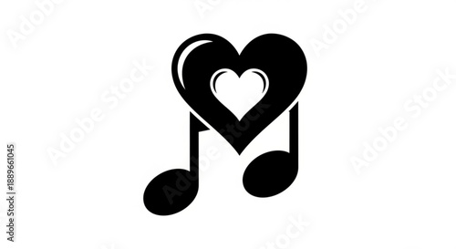 A black music note and heart symbol forming a harmonious illustration on a clean white background viewed from directly above