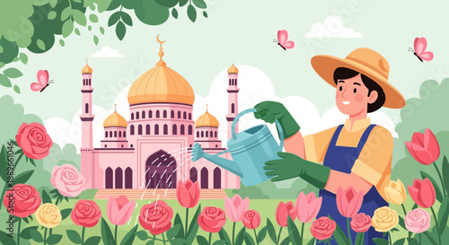 Woman wearing blue overalls and hat.