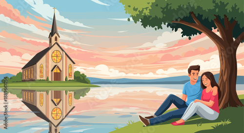 Young couple sitting under tree.