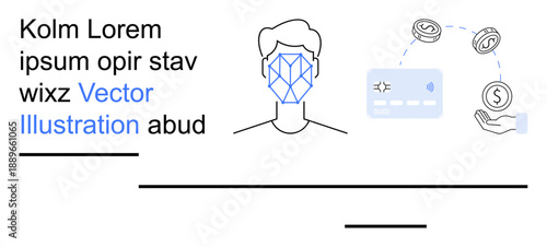 Facial recognition, digital payments, biometrics, AI technology, online security, financial transactions. Illustration of a human face with a facial grid and currency-transfer components. Facial