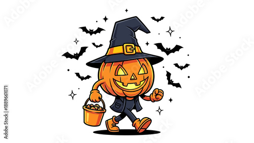 Smiling jack o lantern in witch hat trick or treating with candy bucket and bats
