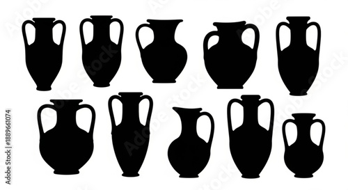 Collection of Ancient Vases Silhouetted Against a Neutral Background, Showcasing Various Shapes and Sizes from an Elevated Viewpoint