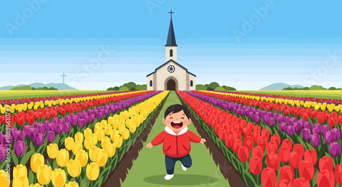 Boy Running in Flower Field Joy.