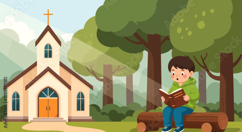 Boy sitting on a bench reading.