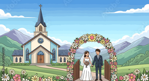 Bride and groom standing together outside.