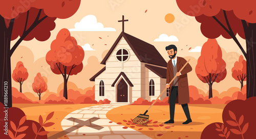 Man holding shovel in front church.