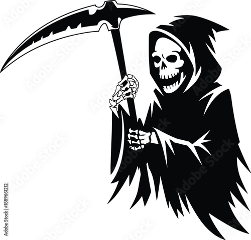 Grim Reaper illustration, death figure, skeleton in cloak, spooky scythe art, Halloween horror, dark mythology, scary character, gothic design, supernatural symbol, eerie concept