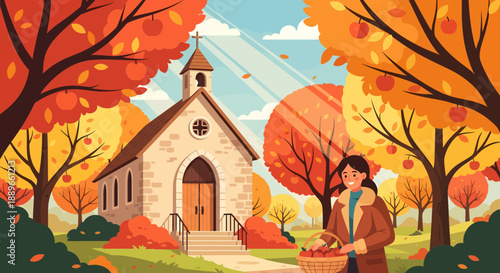 Man holding basket with fall leaves.