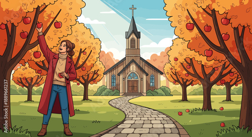 Man in red coat picking apples.