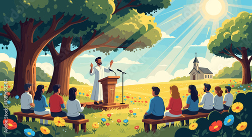 Man in white robe giving outdoor sermon.