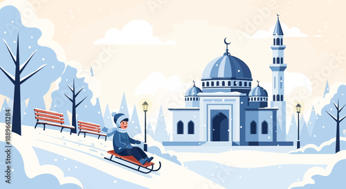 Man riding sled in winter landscape.