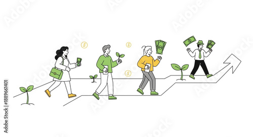 People walking on growth arrow holding money and plants.