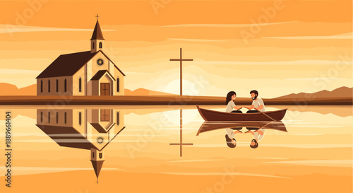 People in a boat near church.