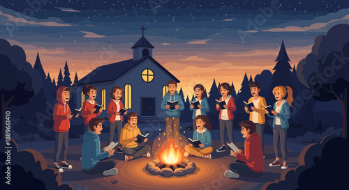 People standing around a campfire outside.