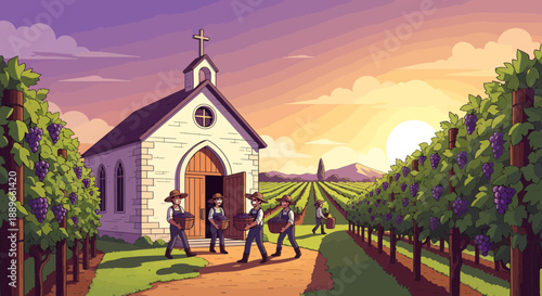 People walking towards church entrance.